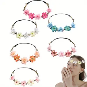 6pcs Bohemian Style Elastic Headbands with Colorful Fabric Flowers - Elegant Polyester Bridal & Bridesmaid Crown Hair Accessories for Weddings, Parties, Beach Outings, and Festivals - Perfect Photo Props for Brides, Weddings Accessories tiktokshopspringgl