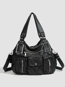 Women's Fashion Vintage Alligator Texture Tote Bag, Large Capacity Washable Multi-Pocket Quilted Shoulder Bag, Street Style Commuter Rivet Moon Bag