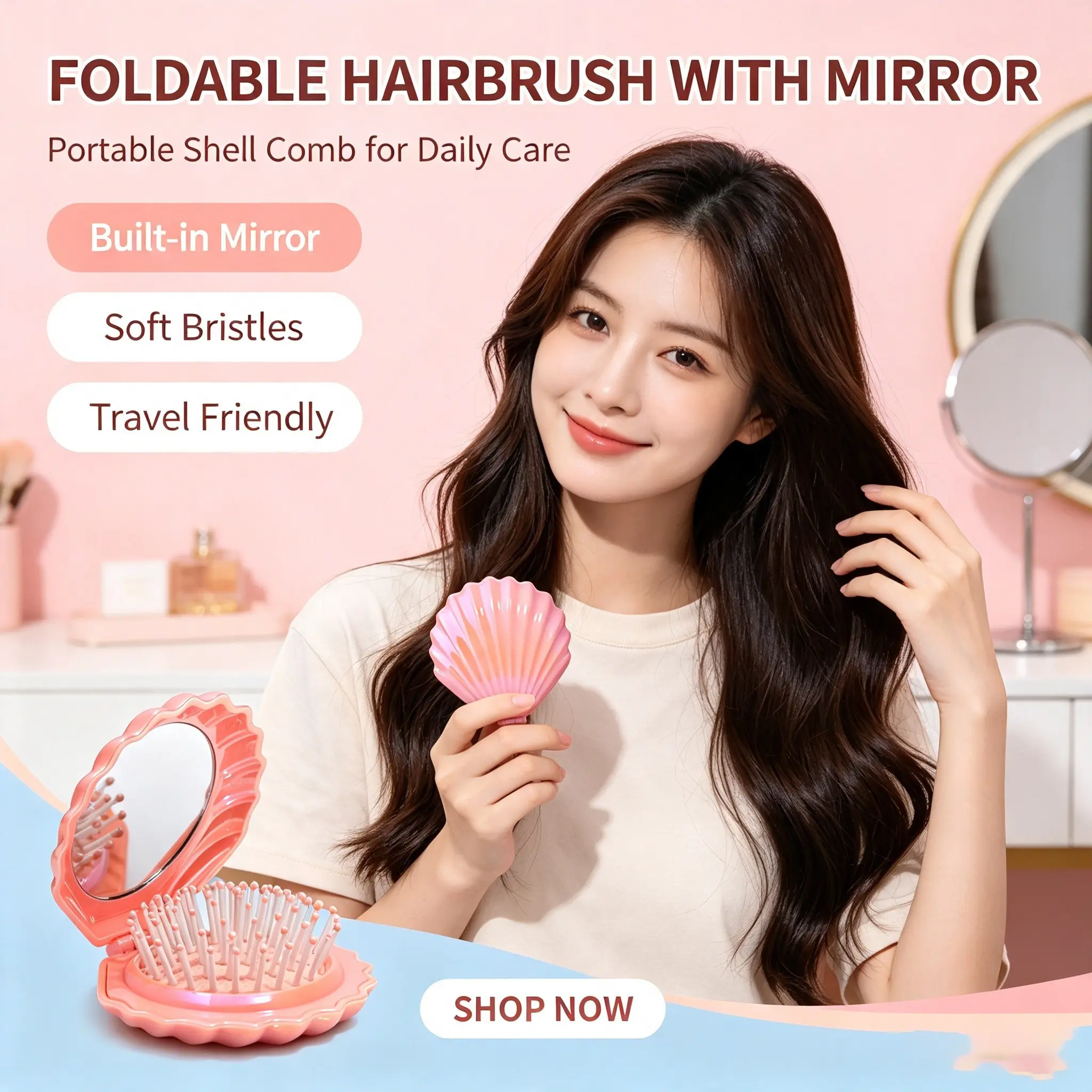 Viral Foldable Travel Hair Brush With Mirror, Metallic Shiny Shell Shape Compact Pocket Size Mini Hair Comb, Scalp Massage Detangling Portable Hair Styling Brush For Purse Travel Daily Use (Pink)