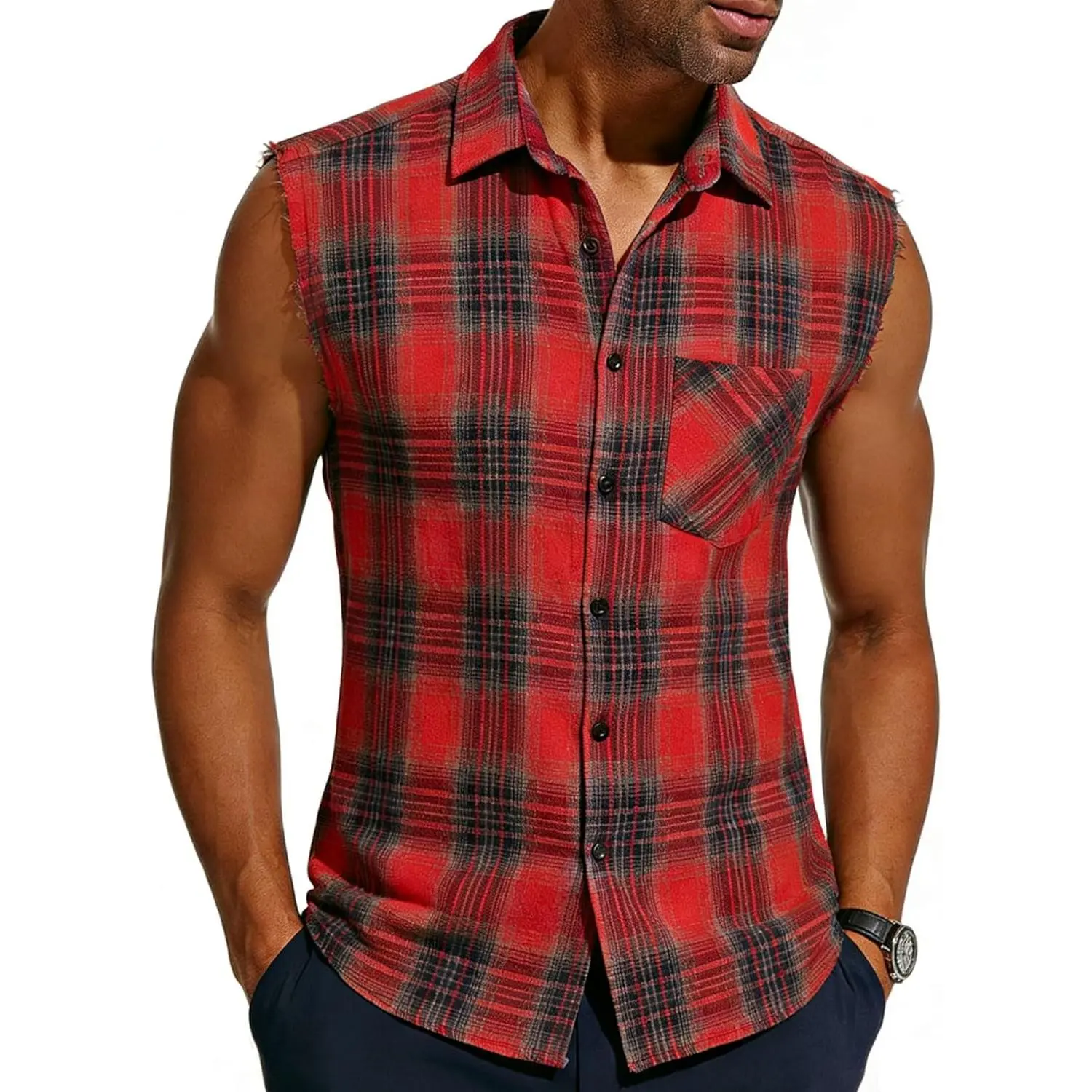 Men's Sleeveless Flannel Plaid Shirt Top - Light, Breathable, Retro Menswear for Spring and Summer Casual Wear, Checked