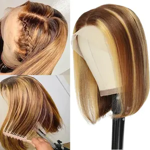 13x4 HD  Human Hair 4/27 Honey Blonde  Highlight Ombre Bob Wig Lace Front Wigs 180 Density  Highlight Ombre Pre Plucked Short Bob Wigs for Women Glueless 10 Inch