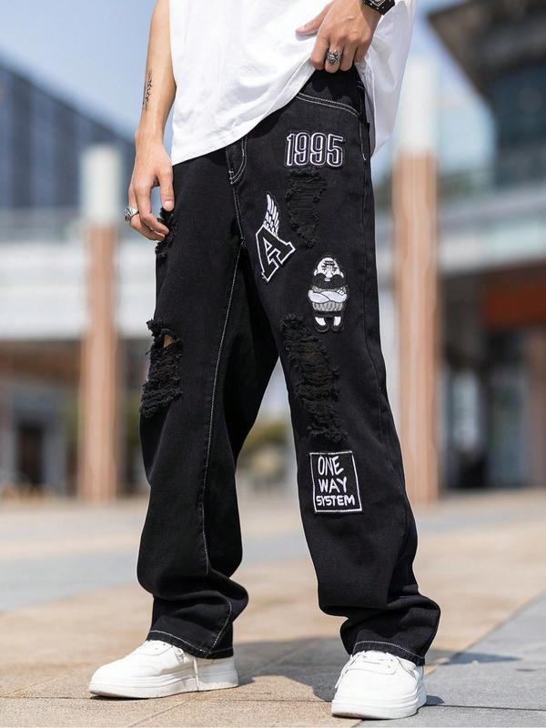 Men's Black Ripped Patched Wide-Leg Denim Jeans, Personalized Patches + Trendy Rips, a Must-Have for Street Trendsetters!