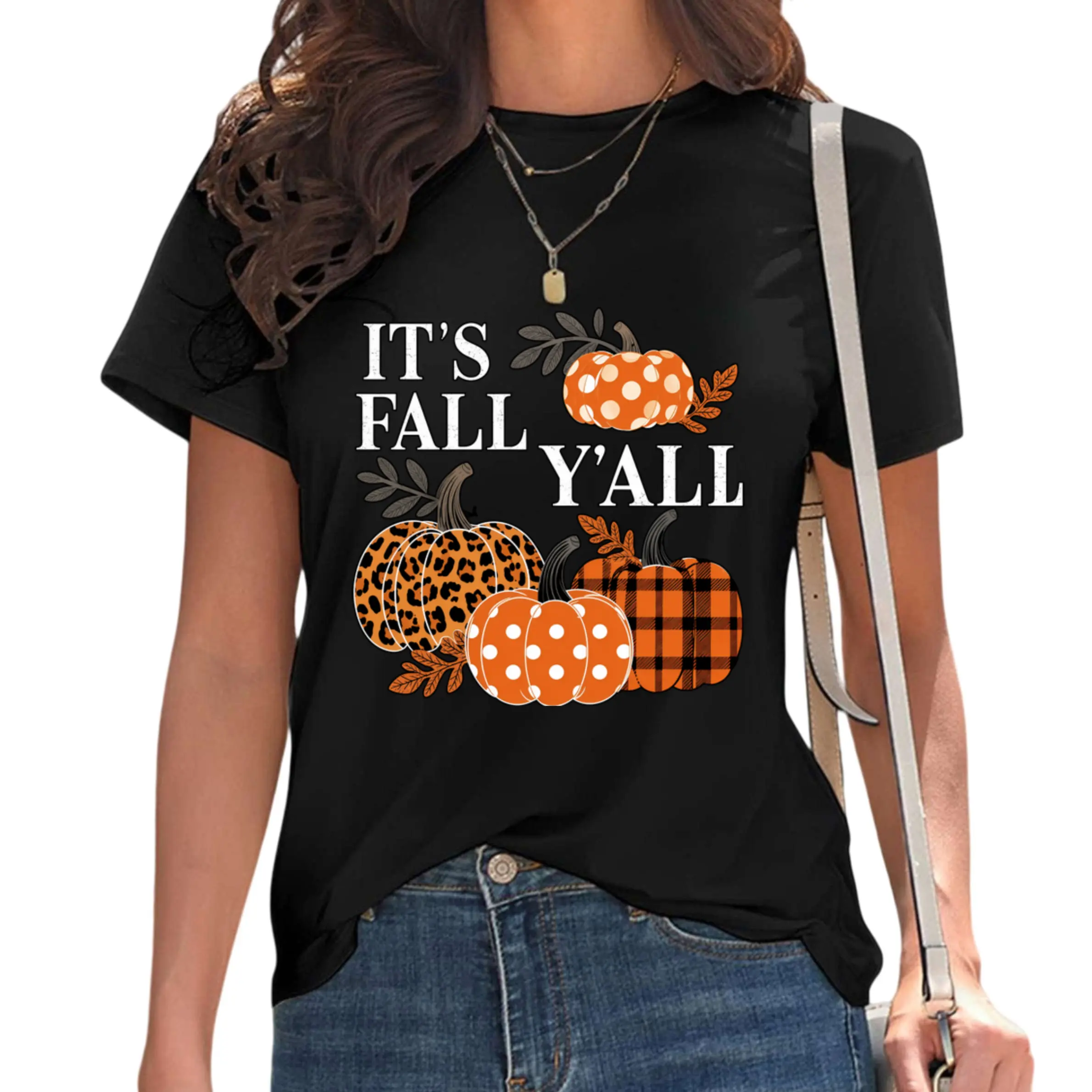 [100% Cotton] [Soft Pumpkin Graphic Tee] Women'S  Soft "It'S Fall Y'All" Pumpkin Graphic T-Shirt |   Short Sleeve, Round Neck, Machine Washable, Casual Fall Outfit Tee, Ladies T Shirts Golf Gift T-Shirt For  Women