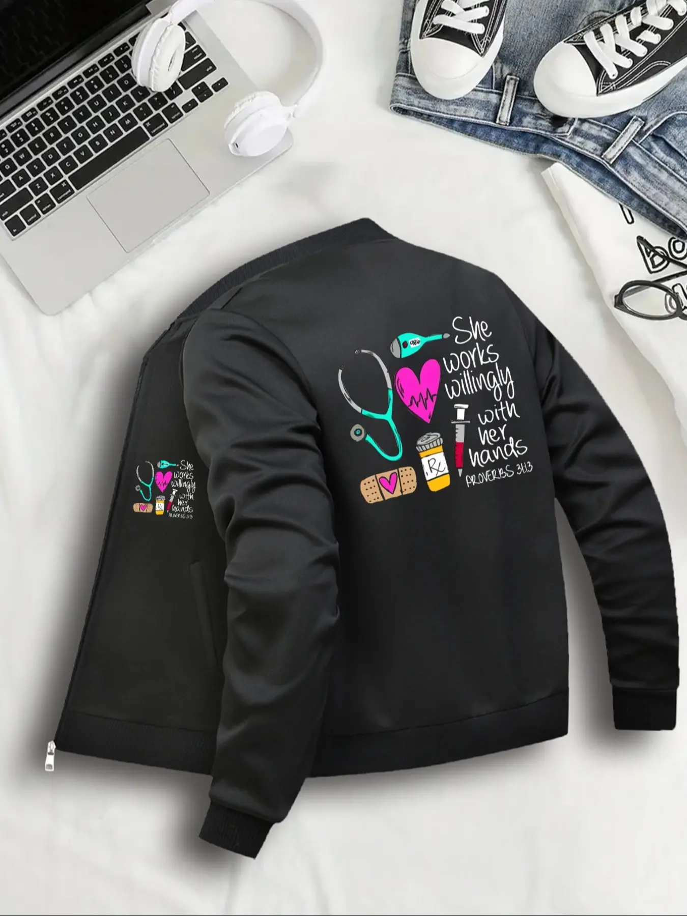 Women's Casual Sporty Knit Zipper Jacket Coats, Long Sleeve, Baseball, She Works Willingly Print, Fitted Style, All Seasons Wear, Fashionable Ladies Outerwear, Womenswear