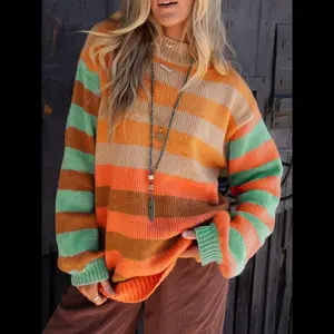 Women’s Casual Colorblock High-Neck Drop-Shoulder Sweater, Comfortable Knitwear for Autumn & Winter, Ladies Fashion Pullover