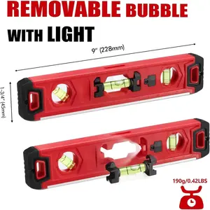 Level with Light: 9 Inch Shockproof Small Leveler Tool with Ruler - 3 Bubbles Spirit Level with Extra 2 Line Bubble Vials - Plumbing Levelers for Hanging Pictures Renovation