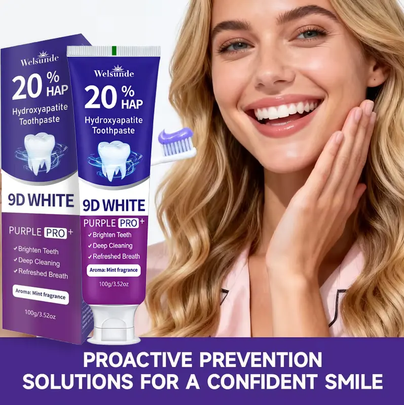 20X Upgraded 9D White Purple Pro+ HAP Toothpaste, 20% Hydroxyapatite, 100g, Bright Whitening, Remineralizing, Deep Cleaning, Gum-Gentle, Mint Flavor Breath Freshener, Daily Vegan Oral Care, Bright Whitening Toothpastes