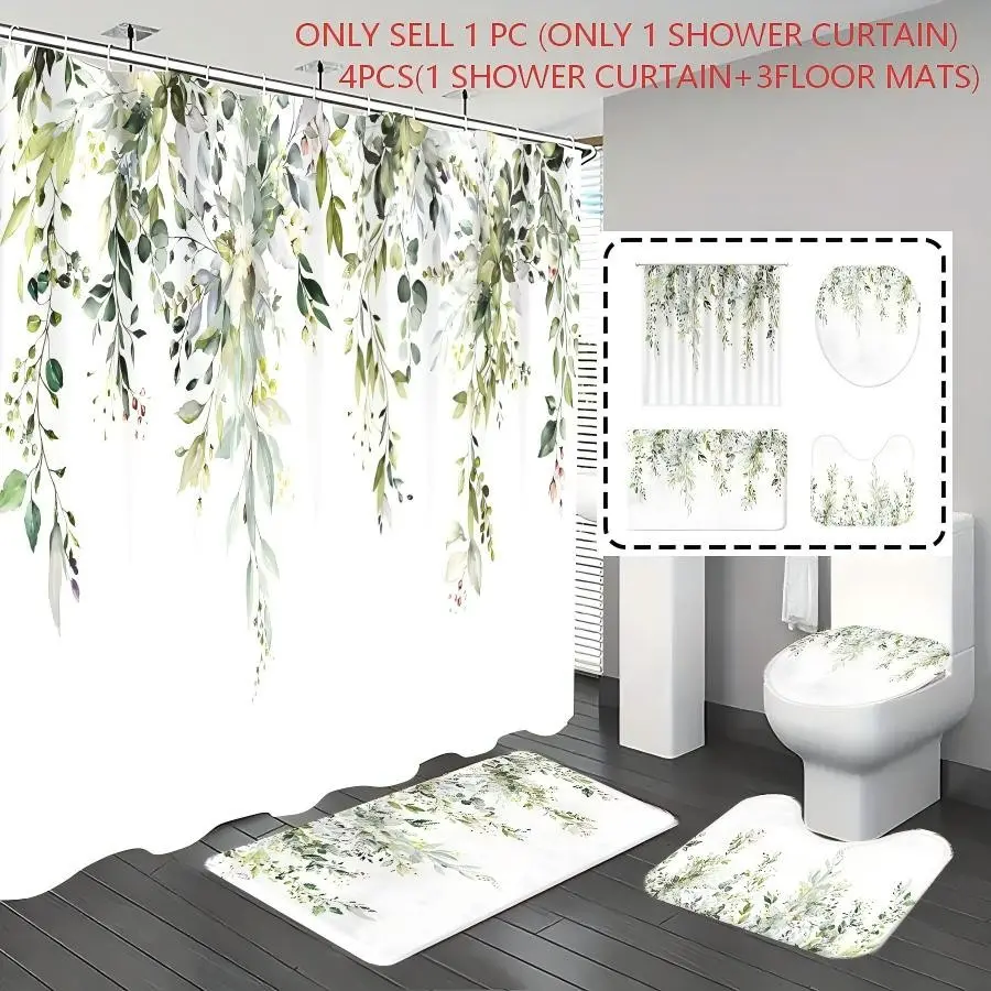 [Popular Choice]1pc/4pcs, bathroom curtains shower, bathroom set, shower curtains, Shower Curtain Sets, bathroom decor,bathroom rug, Home Decoration, bathroom mat, Green Leaf Pattern, Forest Theme Decoration, Bathroom Suit, with 12 hooks, Restroom