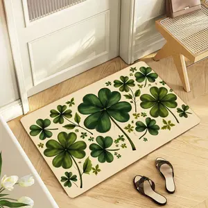 Lucky Four - Leaf Clover Doormat, Beige Entryway Mat, Boho Washable Rug with Whimsical Green Shamrocks, Perfect for Home Entryway, Bathroom, Kitchen Decor – Cozy & Inviting Welcome Mat with Wavy Rug Accent