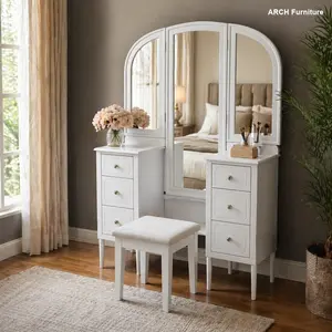 6-Drawer White Classic Antique Arc Corner Makeup Dresser - Bedroom Vanity Table Set with Triple Mirrors, Cushioned Stool, Full-Length Mirror, Solid Wood Legs