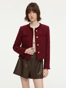 Wool Blend Tweed Sequins Fringe Trim Women Jacket Red Coats