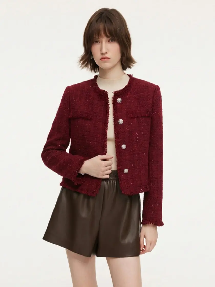 Wool Blend Tweed Sequins Fringe Trim Women Jacket Red Coats