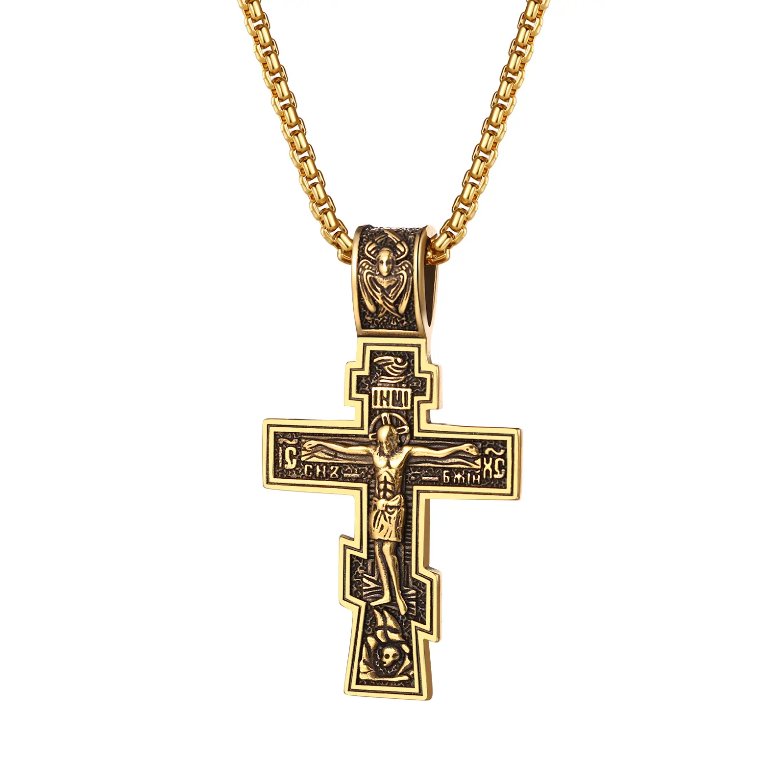 OIDEA Men's Orthodox Cross Necklace - Stainless Steel, Double-Sided Vintage Jesus Crucifix, Greek-Inspired Religious Icon Cross Emblem, Long Length Eastern Christian Faith Gift, Stainless Steel Necklaces, Cross Emblem Necklaces