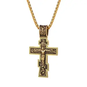 OIDEA Men's Orthodox Cross Necklace - Stainless Steel, Double-Sided Vintage Jesus Crucifix, Greek-Inspired Religious Icon Cross Emblem, Long Length Eastern Christian Faith Gift, Stainless Steel Necklaces, Cross Emblem Necklaces