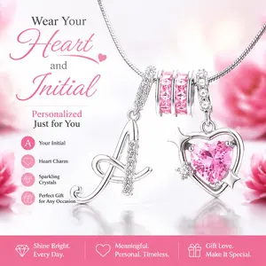 Silver Initial A Letter Necklace for Women, Dainty Pink Heart Cubic Zirconia Pendant, Adjustable Snake Chain Personalized Alphabet Charm Necklace, Y2K Aesthetic Jewelry Gift for Girls, Valentines Birthday Gifts Stainless Steel Layered Cross