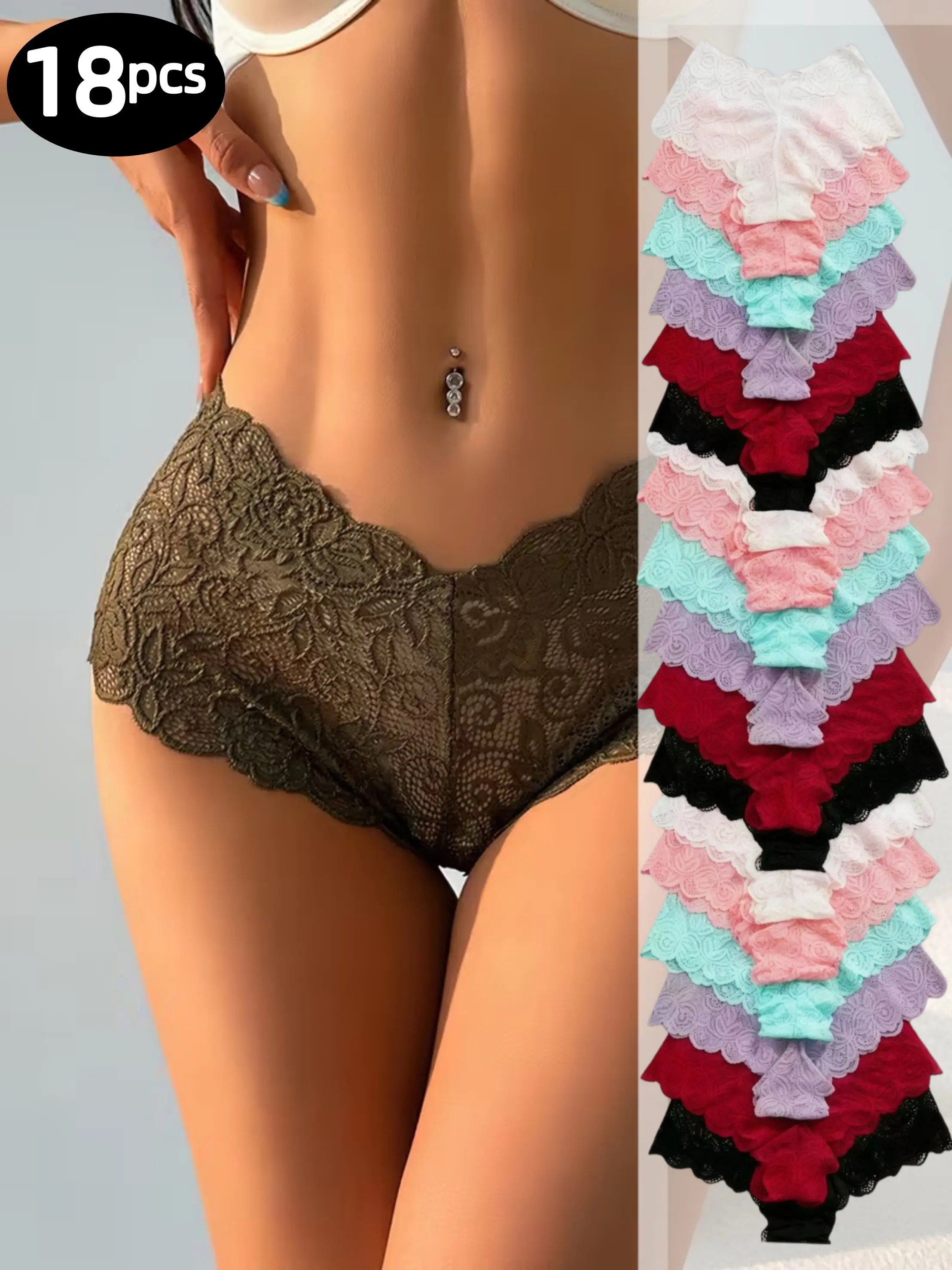HH  18piece set of low-waisted,sexy lace panties in plus sizes (M-XXL).They hug your curves, breathe well, and keep you comfy all day.From our elegant collection, with bowknots, they suit any look, for daily wear or special moments. underwear for women