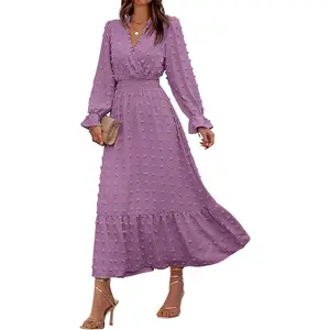 Womens Dresses Summer Maxi Dress Boho Short Sleeve V Neck Swiss Dot Ruffle Tiered Smocked Flowy Long Dress