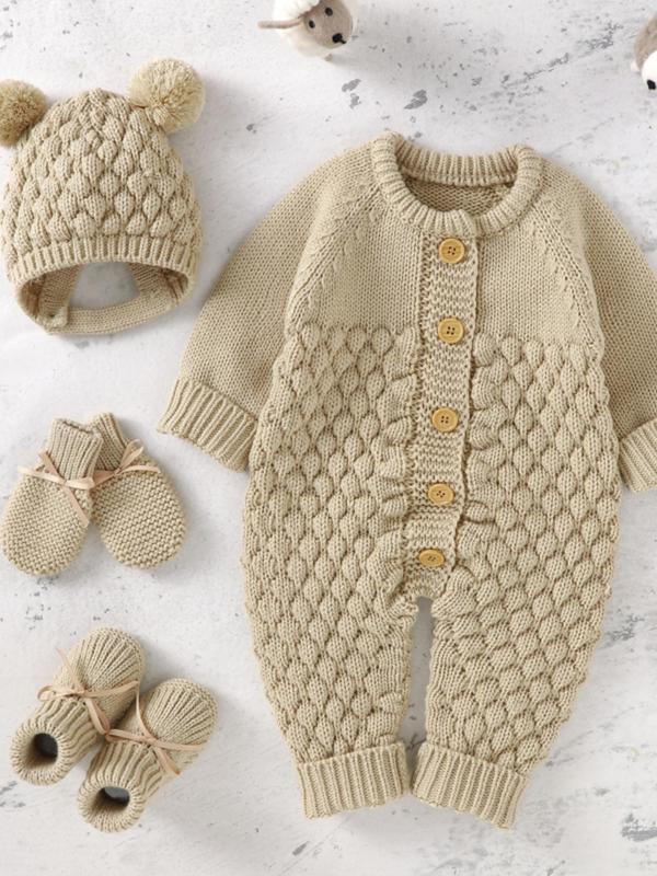 Baby's Button Front Sweater Jumpsuit & Pom Pom Decor Baby Bonnet & Bow Decor Mittens & Knit Baby Shoes Set, Cute Onesies Set for Newborn Infant Kids, Newborn Gift Set, Baby Clothing