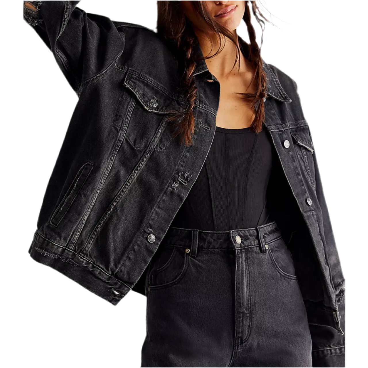 FREE PEOPLE: JOLINE TRUCKER JACKET WASHED BLACK