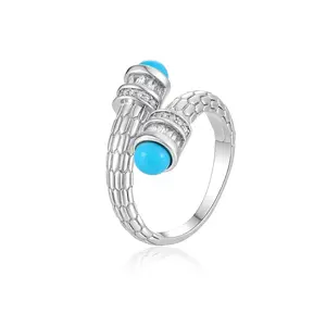 TEWIKY 925 Sliver-Plated Silver Open Ring Inlaid with Turquoise and Various Sized Cubic Zirconia Diamond Pattern Ring, Fashion Jewelry Gift Ring