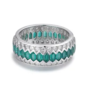 S925 Sterling Silver Emerald Diamond Band – Full Eternity Hexagon Ring – Vintage Art Deco Wedding Band – Green Gemstone Anniversary Ring