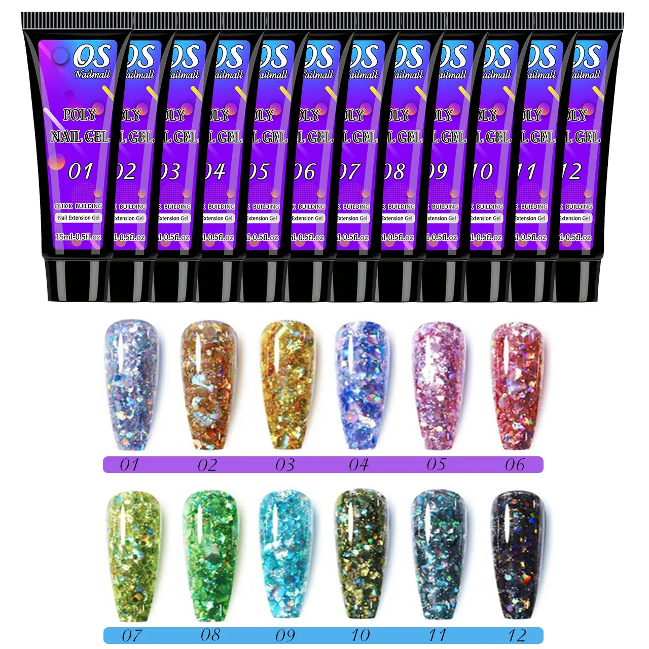 Osnailmall 12 Colors Quick Extension Poly Nail Gel Polish, Glitter Acrylic Crystal Nails, Prolong Nail Art, UV Hard Gel, Professional Quality, Manicure, Nail Care, Glitter Finish, Poly Gel Kit