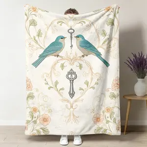 Vintage Blue Bird Motif Flannel Blanket - 1pc, Wrinkle Resistant, Retro Scroll & Elegant Floral Vintage Prints, Soft Comfortable, Multi-Size, Travel-Ready, Suitable for Sofa Bed Decoration, Gift