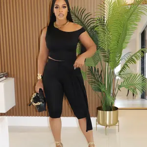 USBOUTIQUE CHIC One-Shoulder Black Two-Piece Set | Tie Detail Crop Top & Wrap Capri Pants