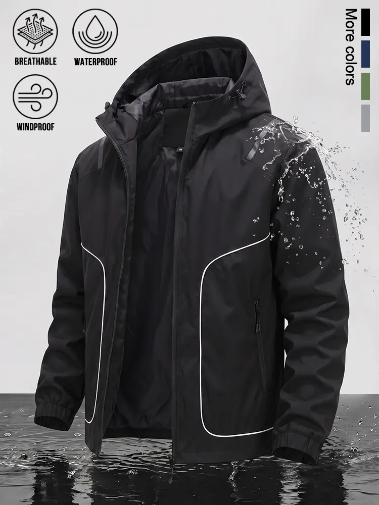 Athletic Zip Weatherproof Hooded Coat, reliable three-proof function against wind and light rain, reflective piping for night running safety, soft full lining, logo-free quiet luxury design for camping and driving