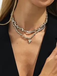 Boho Geometric Ccb Beaded Heart Pendant Necklace Set, Fashionable Daily Wear Party Jewelry, Versatile Metal Chain Gift for Women