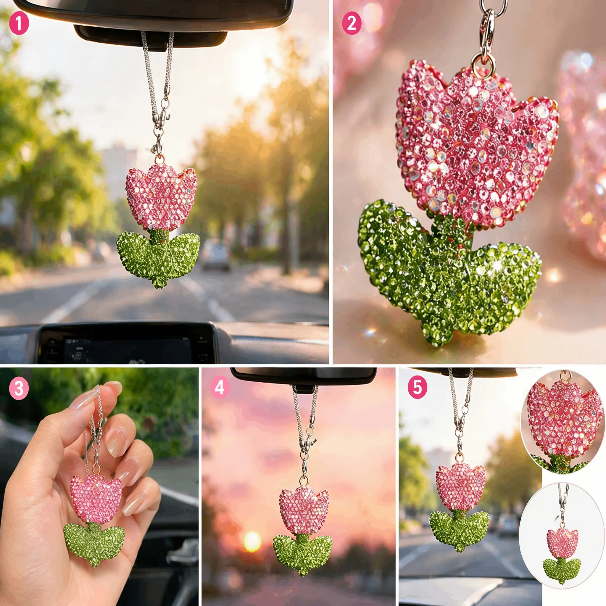 New Tulip Car Decor for Women, Sparkling Rhinestone Tulip Rearview Mirror Ornament, Shiny Flower Car Interior Decoration, Gift for Family and Friends