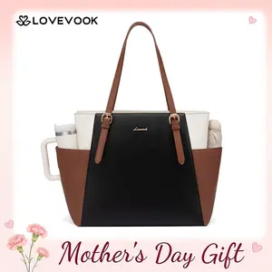 LOVEVOOK Work Tote for Women with Large Cup Holder, Multiple Pockets, Adjustable Shoulder Straps – 15.6-Inch Laptop and Tablet Compartment, Practical Chic Commuter and Travel Briefcase, PU Leather