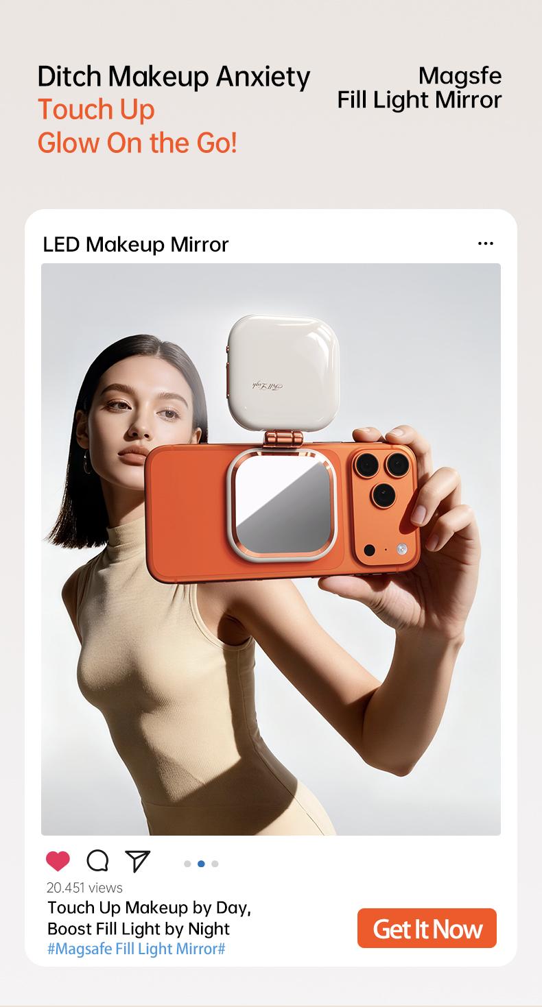 Professional Magnetic Fill Light Mirror, 49 LEDs, Front/Rear 360° Fill, 3 CCT (Warm/Natural/White), Vert/Horiz Stand, Long Battery, Portable Selfie Mirror w/ Universal Joint for Makeup, Vlog, Food Photo