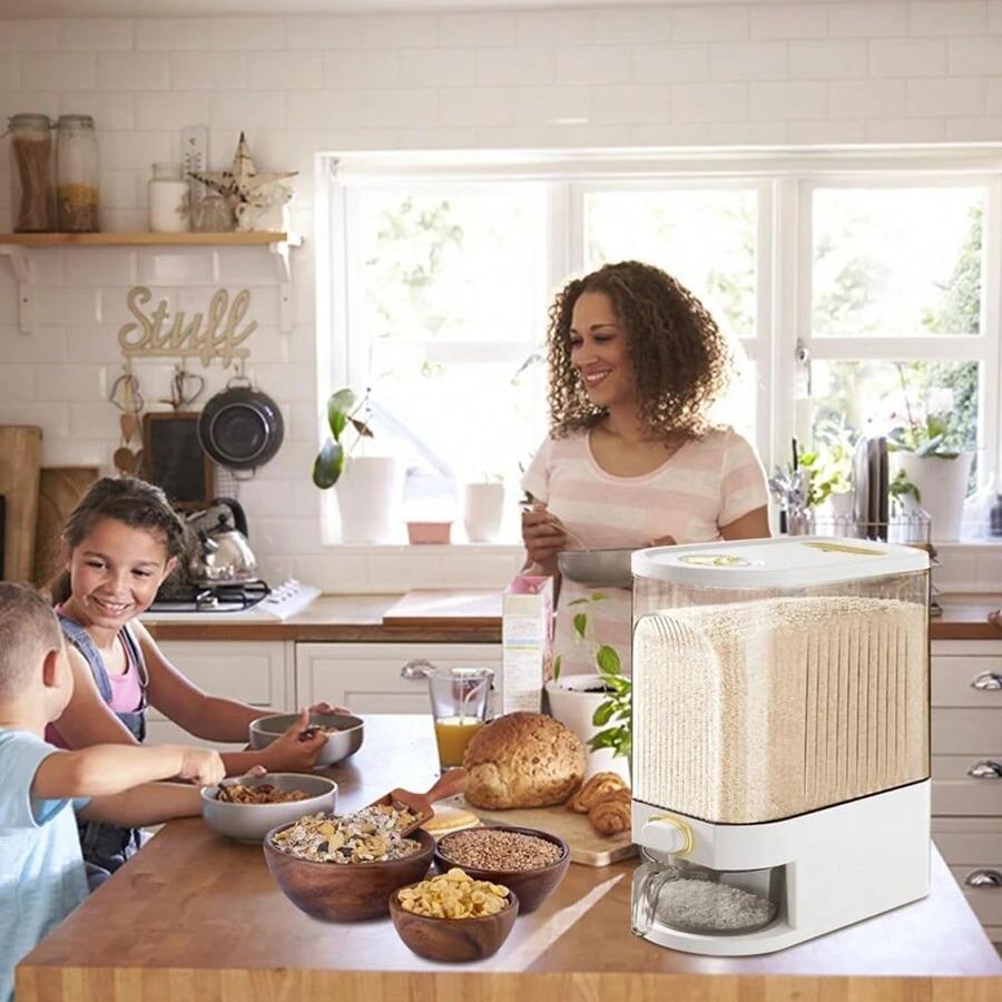 A large-capacity rice storage container with a measuring cup, moisture-proof and insect-proof sealed storage container, suitable for storing rice, grains, flour, dog food, pet food, household sealed rice container, and household kitchen supplies