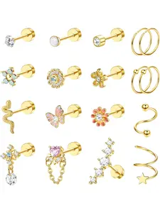 18pcs Cartilage Earring Studs for Women, Surgical Steel Flat Back Earrings, Opal Flower Snake Helix Tragus Piercing Vintage Body Jewelry Set