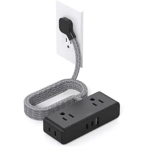 Flat Extension Cord 6 , Flat Plug Power Strip, 4 Widely Outlets with 3 USB Ports (2 USB C), Extension Cord with Multiple Outlets for Home, Office, Dorm Room Essentials, Black