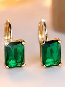 Charm Green Synthetic Crystal Square Stone Hoop Earrings For Women Vintage Fashion Gold Color Ear Buckle Wedding Jewelry Mother's Day Gift Shining Earrings