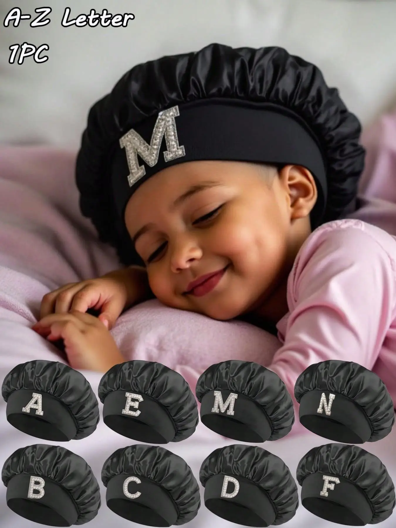 Smooth Satin Letter Pattern Hat, Fashionable Comfort Sleep Cap, Breathable Anti-Slip Hair Bonnet for Daily Hair Care, Headwear for Ages 3–8, Sleeping Cap