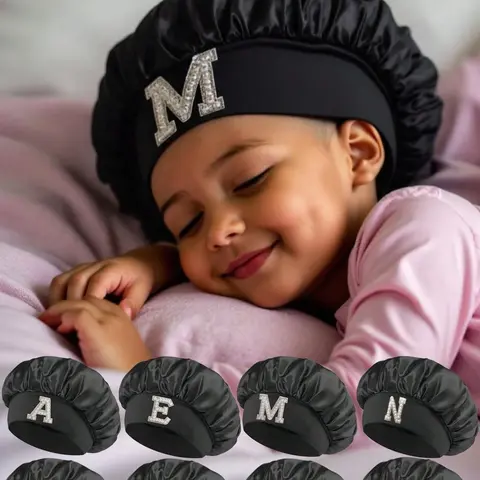 Smooth Satin Letter Pattern Hat, Fashionable Comfort Sleep Cap, Breathable Anti-Slip Hair Bonnet for Daily Hair Care, Headwear for Ages 3–8, Sleeping Cap