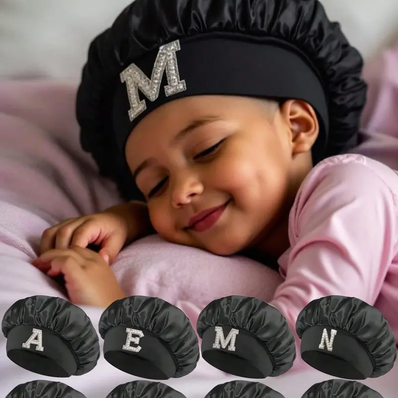 Smooth Satin Letter Pattern Hat, Fashionable Comfort Sleep Cap, Breathable Anti-Slip Hair Bonnet for Daily Hair Care, Headwear for Ages 3–8, Sleeping Cap