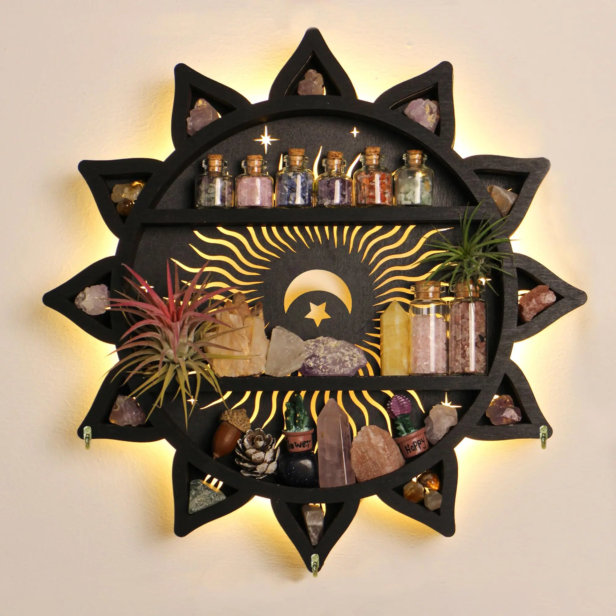 FNYDOX Chakra Lotus Flower Crystal Display Shelf with LED Light, Witchy Home Decor Boho Decorative Wall Mounted Trinket Shelf Wooden Sun Moon Shelf Rock Case Stone Storage Floating Hanging Holder