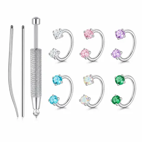 Unisex Internally Threaded Double Gem Half Horseshoe Nose Rings Set - Threaded Fit, Gemstone Set for Cartilage, Helix Piercing Jewelry - Silver/Gold Body Accessories