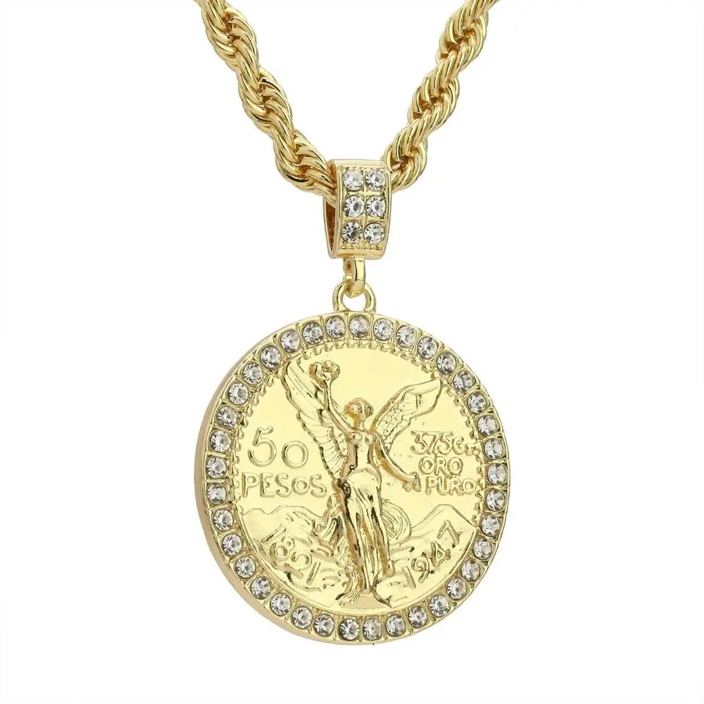 14K Gold Plated Centenario 50 Pesos Pendant Iced CZ Rope Chain Necklace Mexican Streetwear Bling