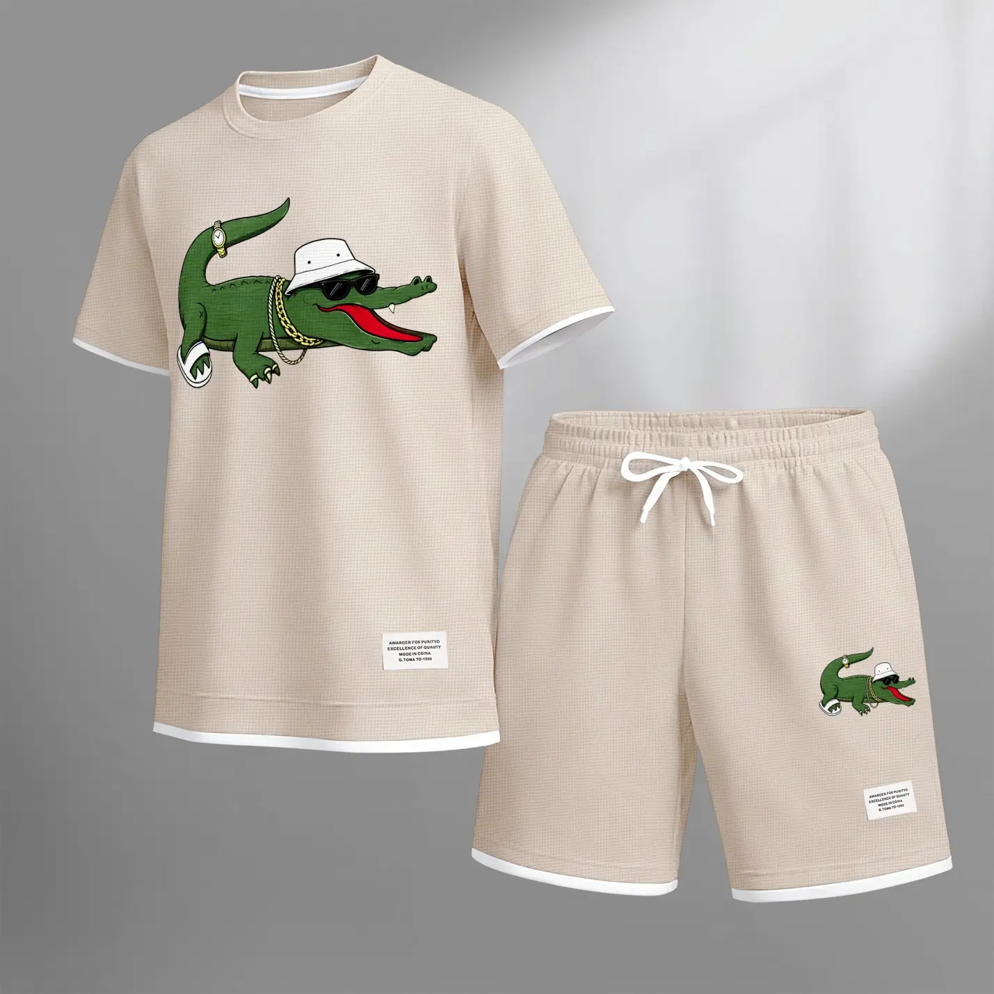 Men's 2-Piece Minimalist Menswear Polyester Athletic Fabric Set - Shortsleeve T-Shirt, Loose Drawstring Shorts with Pockets, Fun Print, Soft, Lightweight, Breathable - Ideal for Fitness, Casual Use
