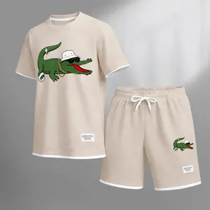 Men's 2-Piece Minimalist Menswear Polyester Athletic Fabric Set - Shortsleeve T-Shirt, Loose Drawstring Shorts with Pockets, Fun Print, Soft, Lightweight, Breathable - Ideal for Fitness, Casual Use