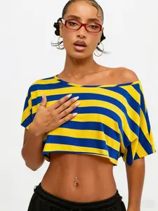 Blue Striped Off-Shoulder Short Top, Vintage Y2K Style, Loose Fit, Summer Streetwear, Beach Vacation, Casual Party