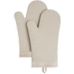KitchenAid Ribbed Soft Silicone Oven Mitt Set 7"x13" Milkshake 2 Count Heat Resistant Waterproof Durable Cotton Cuff
