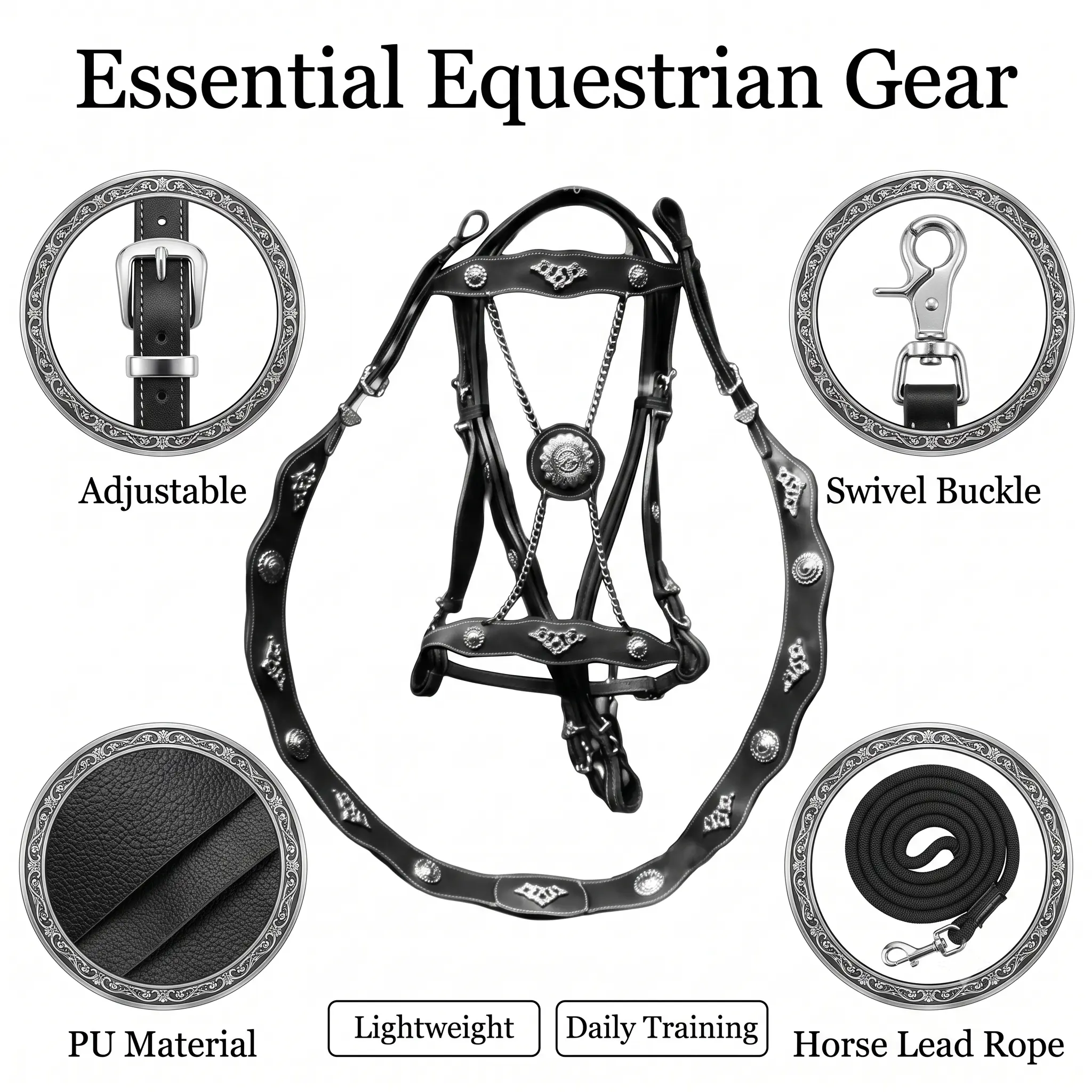 Adjustable PU Horse Lead Rope with Swivel Buckle, Durable Equestrian Training Strap for Horses, Ponies, Riding & Daily Leading