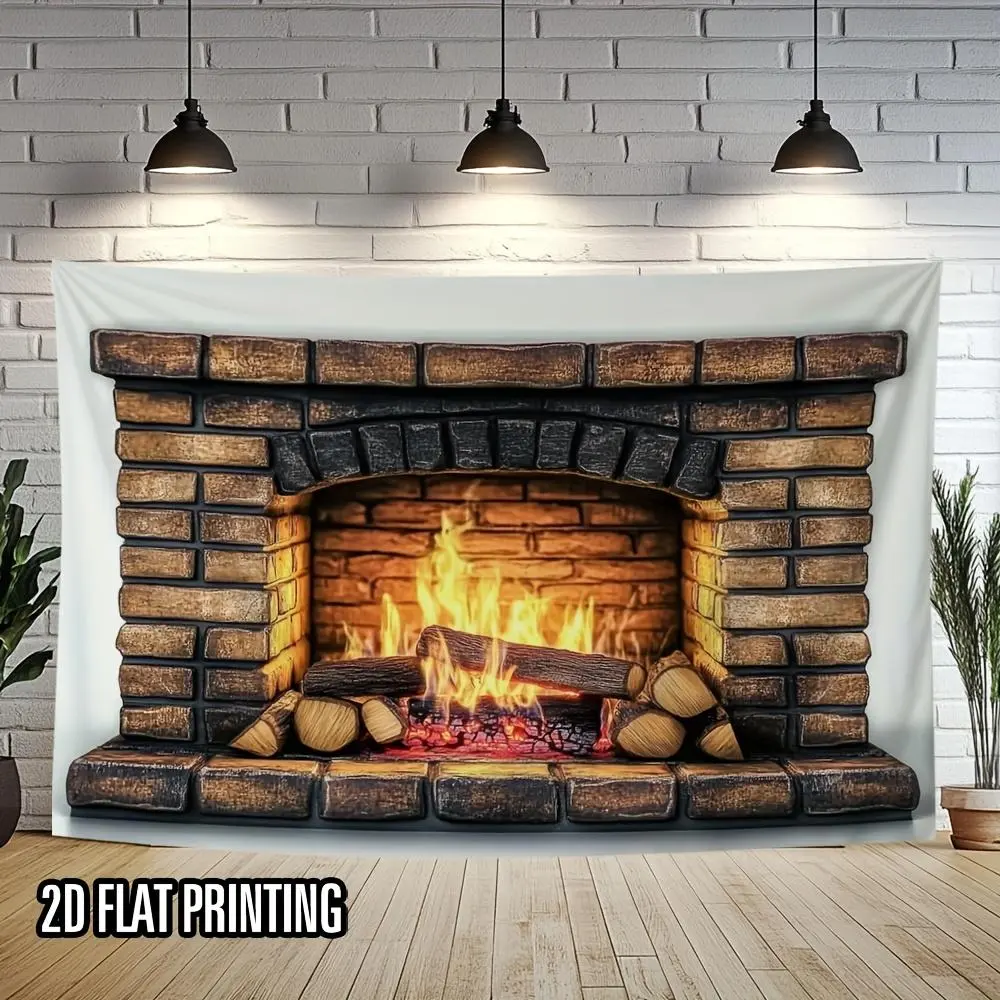1pc Polyester 2D Flat Fireplace Backdrop Banner - Party Decoration, Christmas Ceremony, Real Fire Print, Brick Mantel, Warm Glow Photo Backdrop for Family Photos, No Electricity Needed