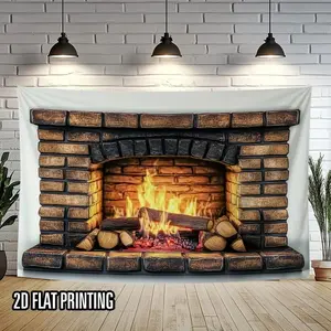 2D Flat, 1pc 2D Flat Fireplace Backdrop - Realistic Burning Firewood Design with Brick Mantel, Warm Glow for Family Photos, Parties & Seasonal Celebrations, Polyester Material, No Electricity Needed, Fireplace De